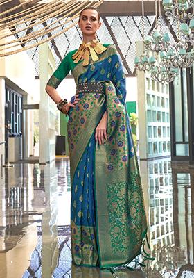 Blue Zari Weaving Silk Sarees