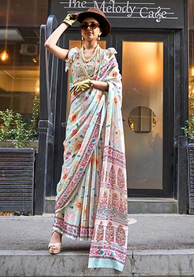 Grey Floral Print Satin Sarees