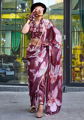 Wine Floral Print Satin Sarees