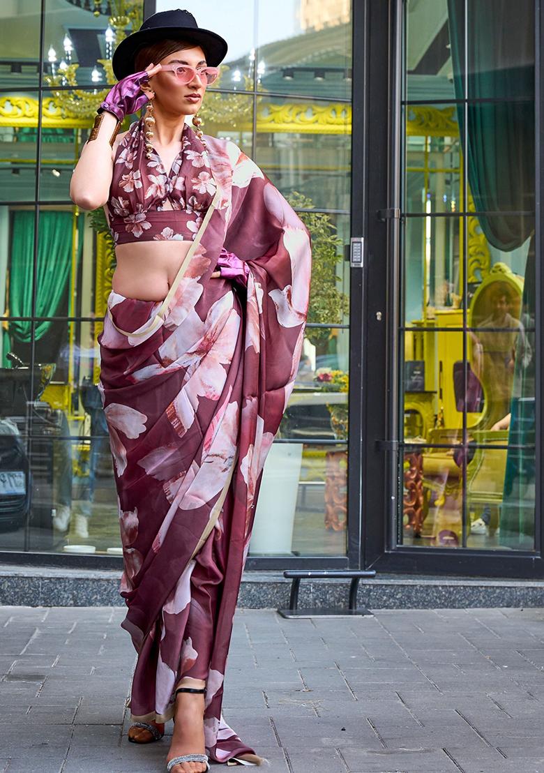 Wine Floral Print Satin Sarees