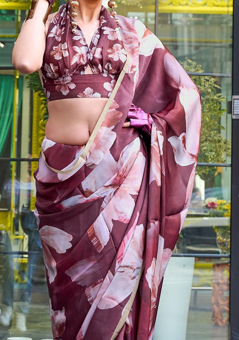 Wine Floral Print Satin Sarees