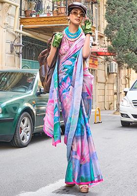 Multicolour Floral Print Satin Sarees