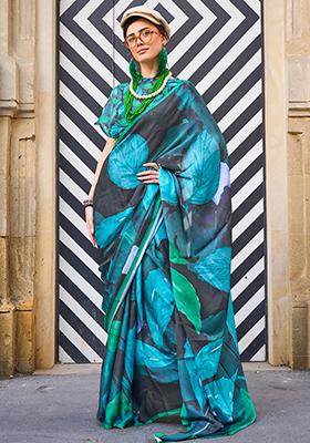 Black Digital Print Satin Sarees