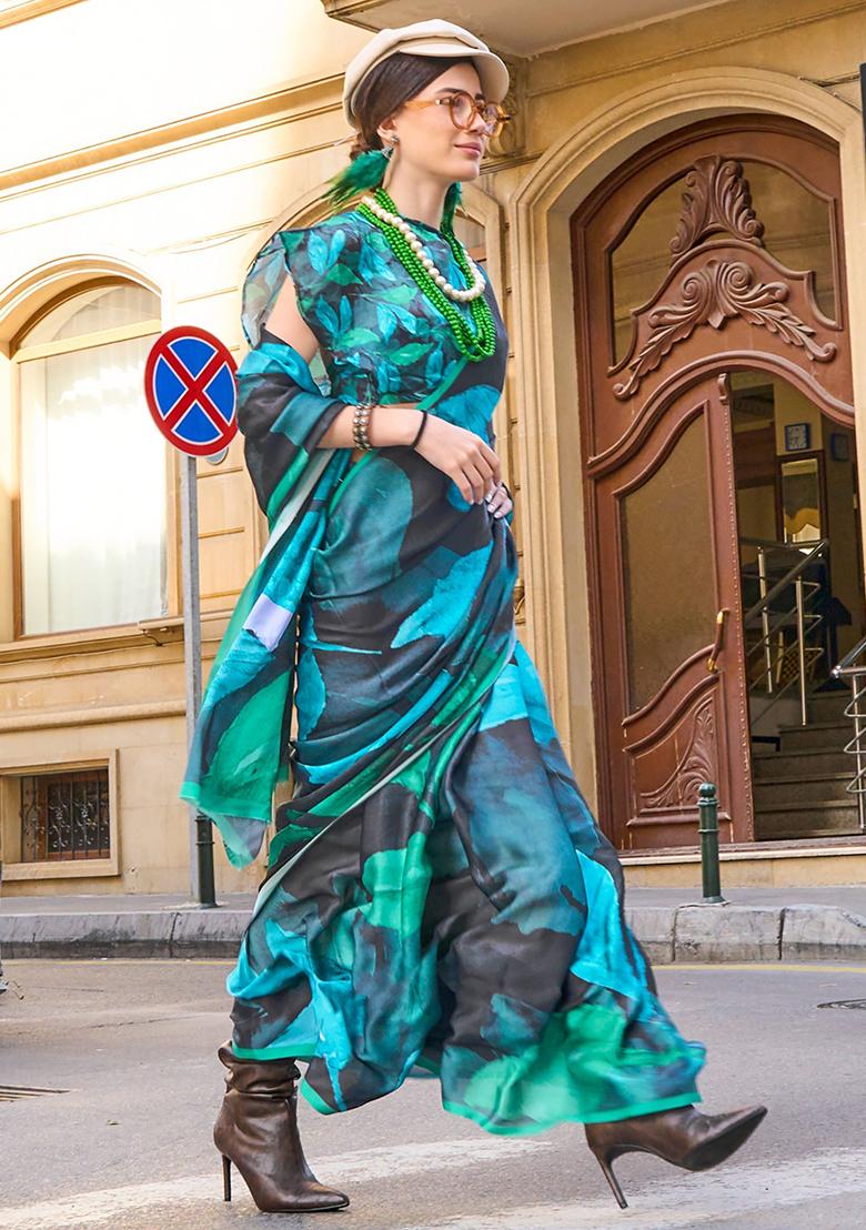 Black Digital Print Satin Sarees