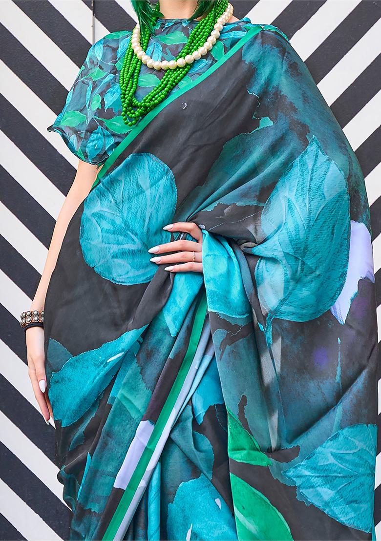 Black Digital Print Satin Sarees