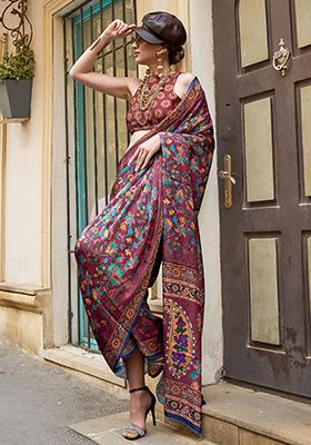 Maroon Digital Print Satin Sarees