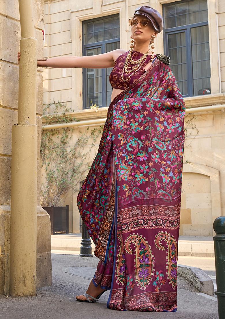 Maroon Digital Print Satin Sarees
