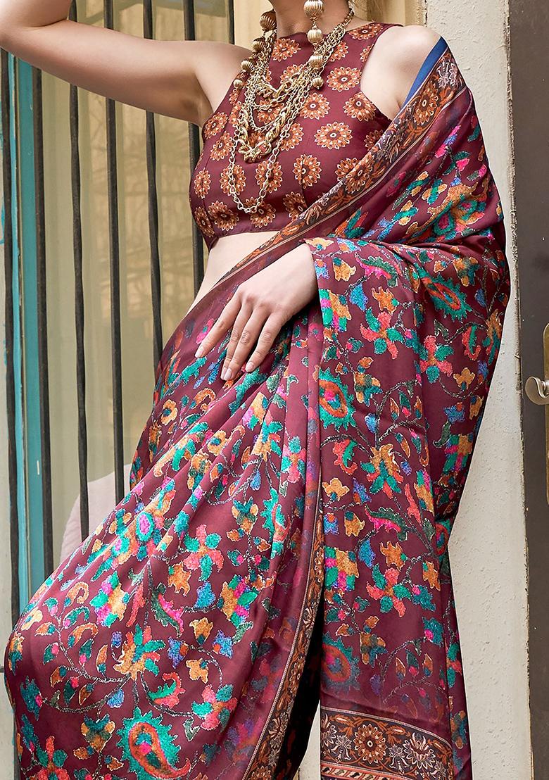 Maroon Digital Print Satin Sarees