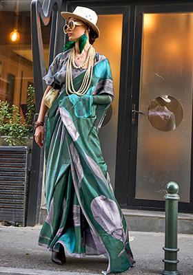 Green Digital Print Satin Sarees