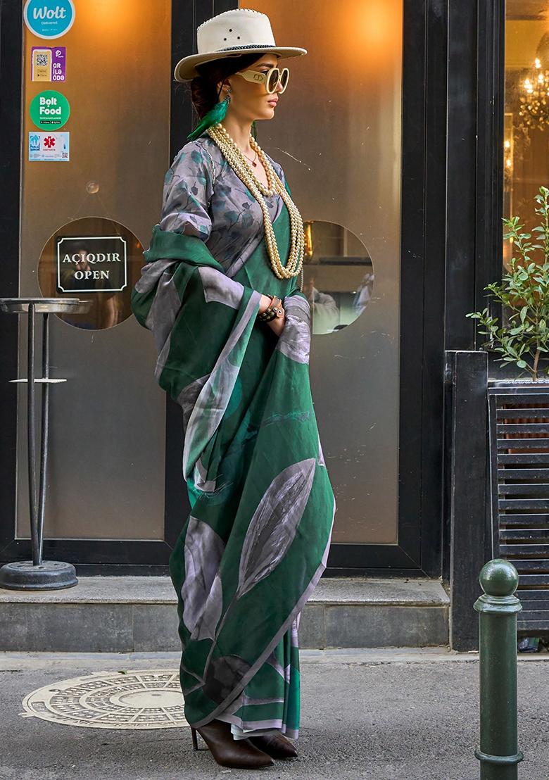 Green Digital Print Satin Sarees