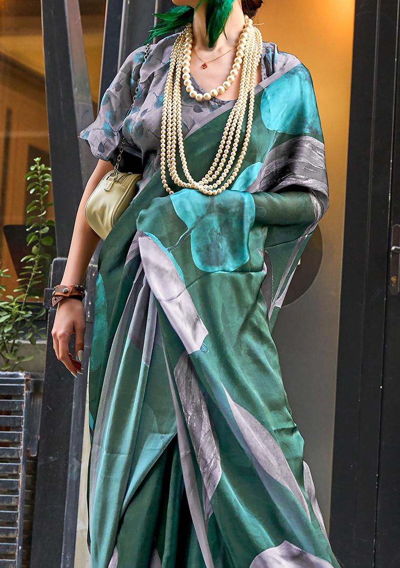Green Digital Print Satin Sarees