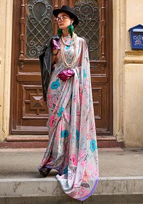 Grey Floral Print Satin Sarees
