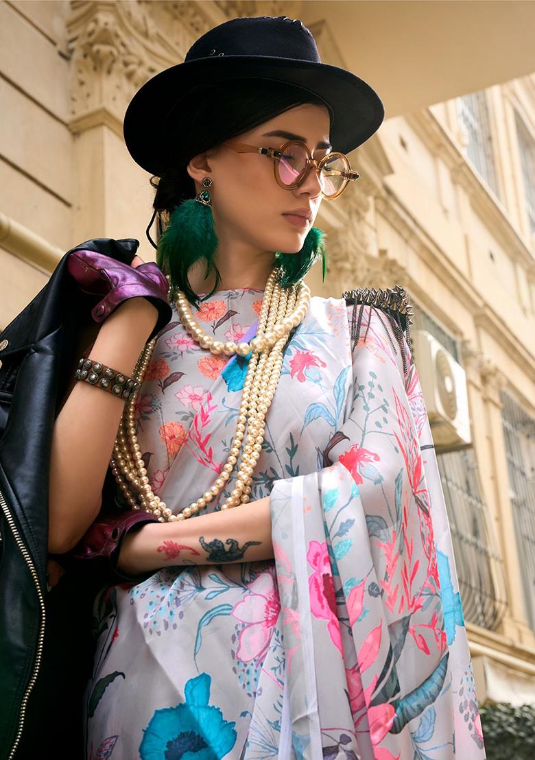 Grey Floral Print Satin Sarees