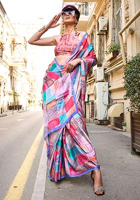 Multicolour Digital Print Satin Sarees