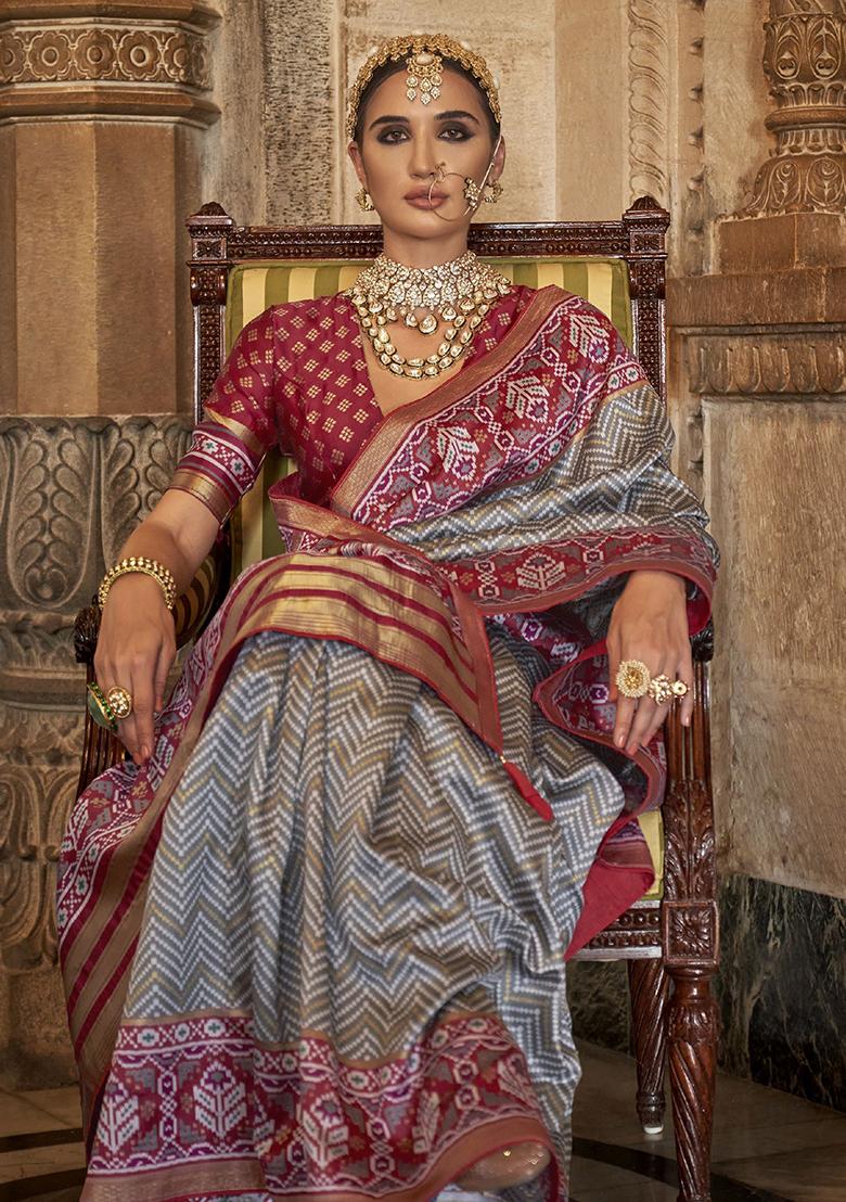 Grey Printed Patola Sarees