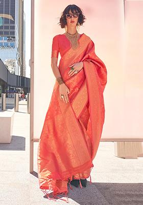 Orange Zari Weaving Silk Sarees