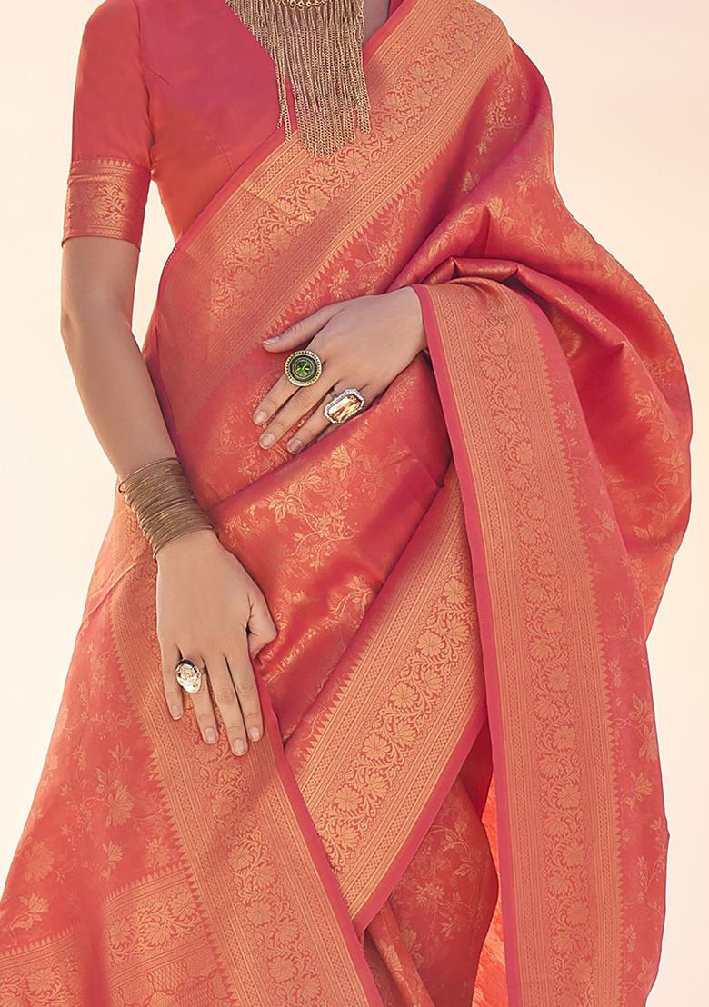 Orange Zari Weaving Silk Sarees