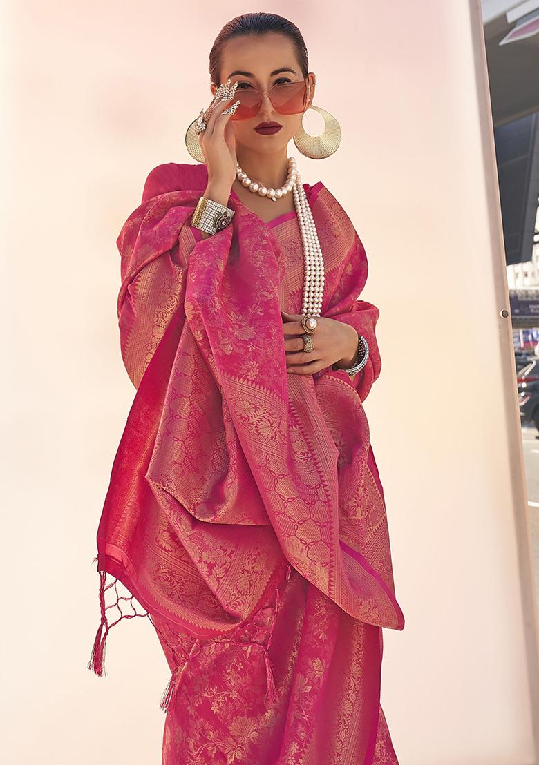 Pink Zari Weaving Silk Sarees