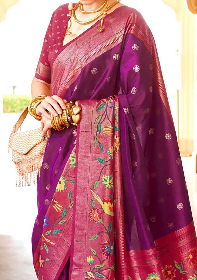 Wine Zari Weaving Silk Sarees