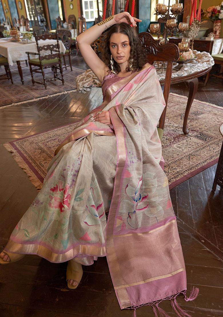 Grey Digital Print Banarasi Silk  Sarees