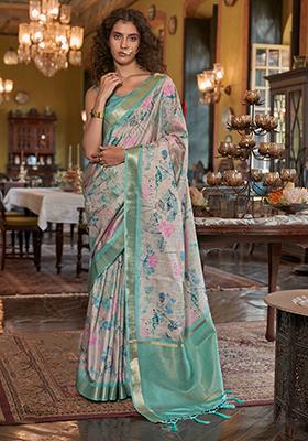 Grey Floral Print Banarasi Silk  Sarees