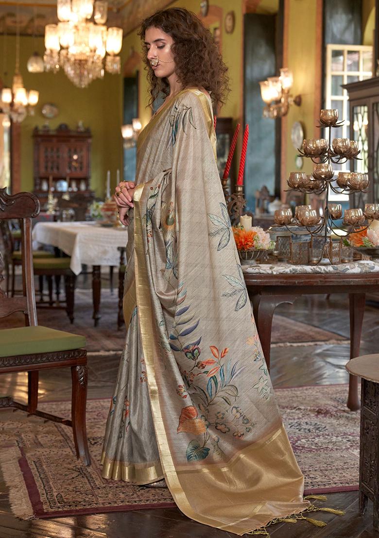 Grey Digital Print Banarasi Silk  Sarees