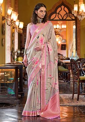 Grey Floral Print Banarasi Silk  Sarees