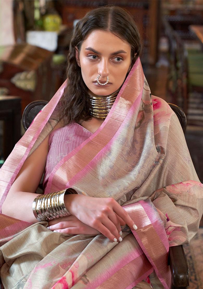 Grey Floral Print Banarasi Silk  Sarees