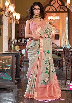 Beige Digital Print Banarasi Silk  Sarees