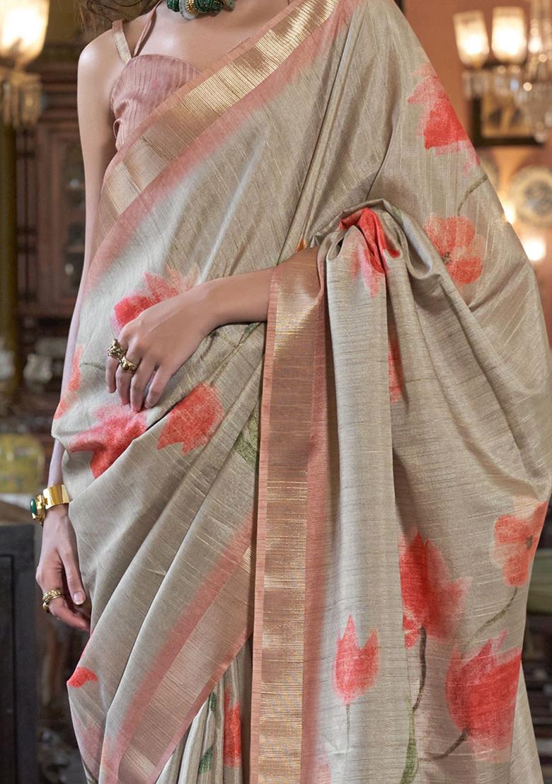 Grey Floral Print Banarasi Silk  Sarees