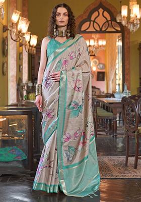Grey Digital Print Banarasi Silk  Sarees