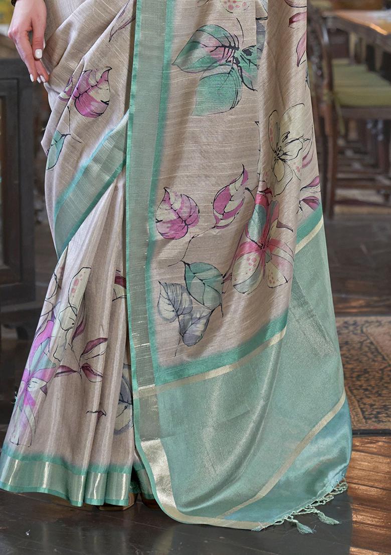 Grey Digital Print Banarasi Silk  Sarees