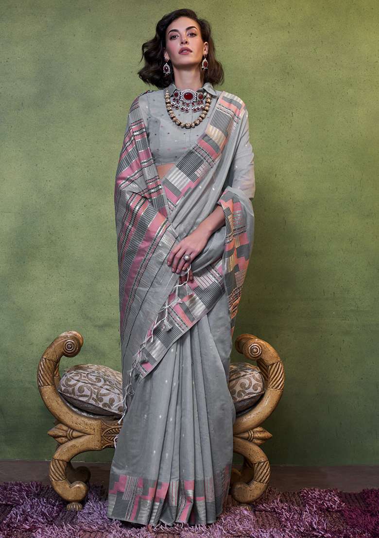 Grey Weaving Cotton Sarees for Diwali and Festive Wear - Indya