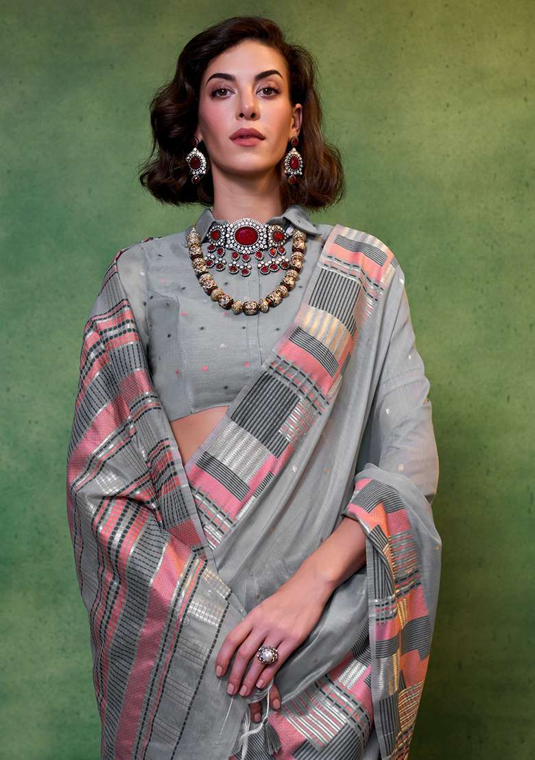 Grey Weaving Cotton Sarees for Diwali and Festive Wear - Indya