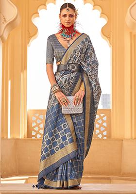 Grey Floral Print Silk Sarees