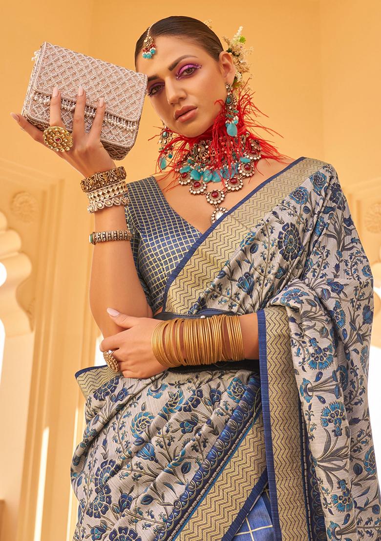 Grey Floral Print Silk Sarees