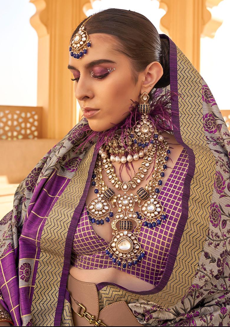 Grey Floral Print Net Sarees