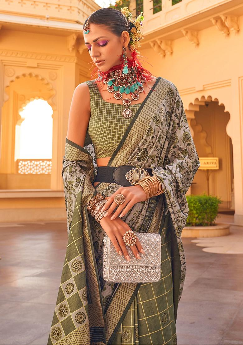 Grey Floral Print Silk Sarees