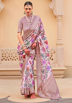 Pink Floral Print Silk Sarees