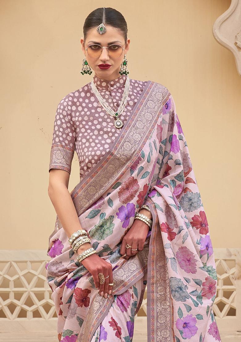 Pink Floral Print Silk Sarees