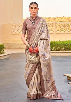 Beige Digital Print Silk Sarees
