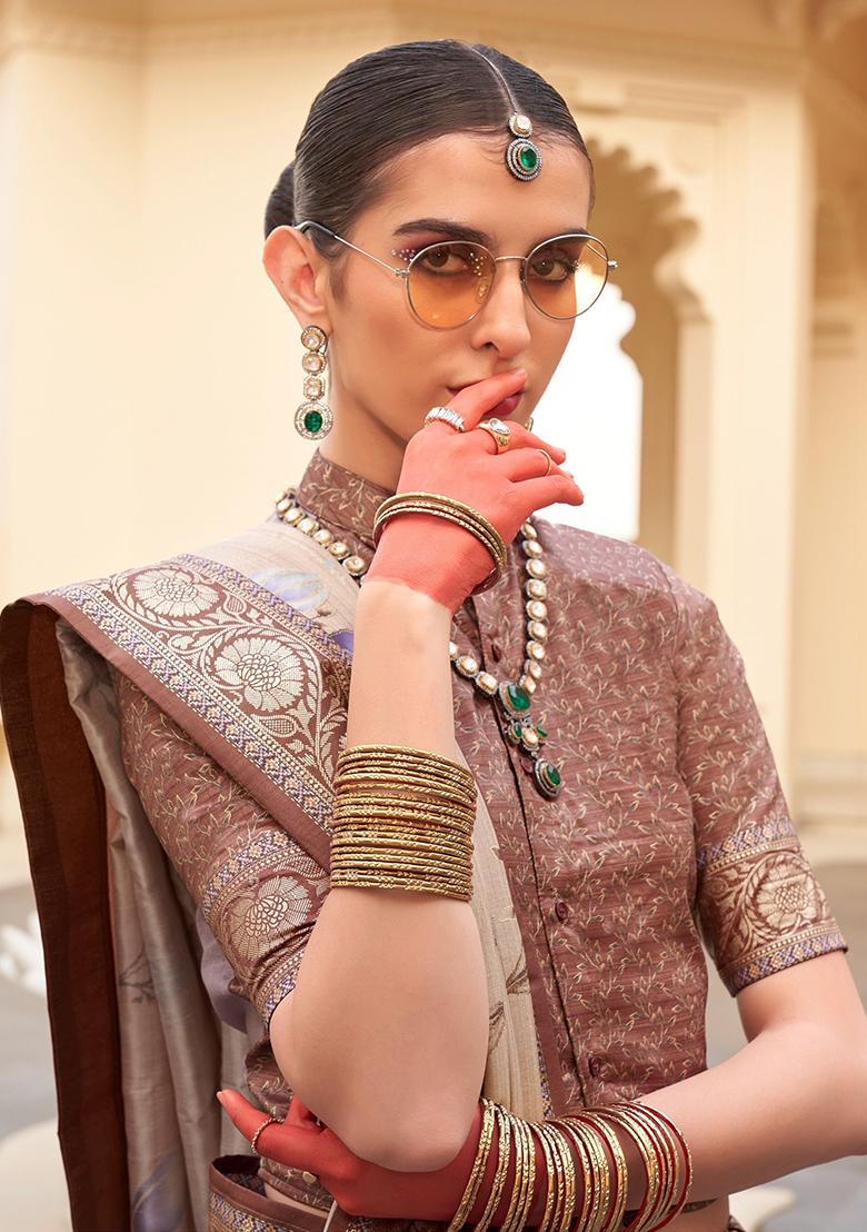 Beige Digital Print Silk Sarees