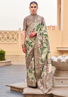 Cream Floral Print Silk Sarees