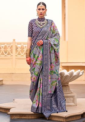 Blue Floral Print Silk Sarees