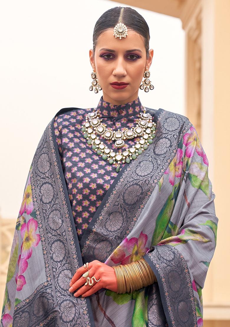 Blue Floral Print Silk Sarees