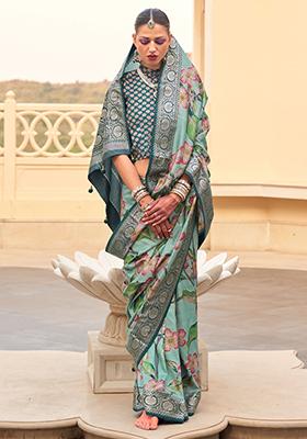 Green Floral Print Silk Sarees