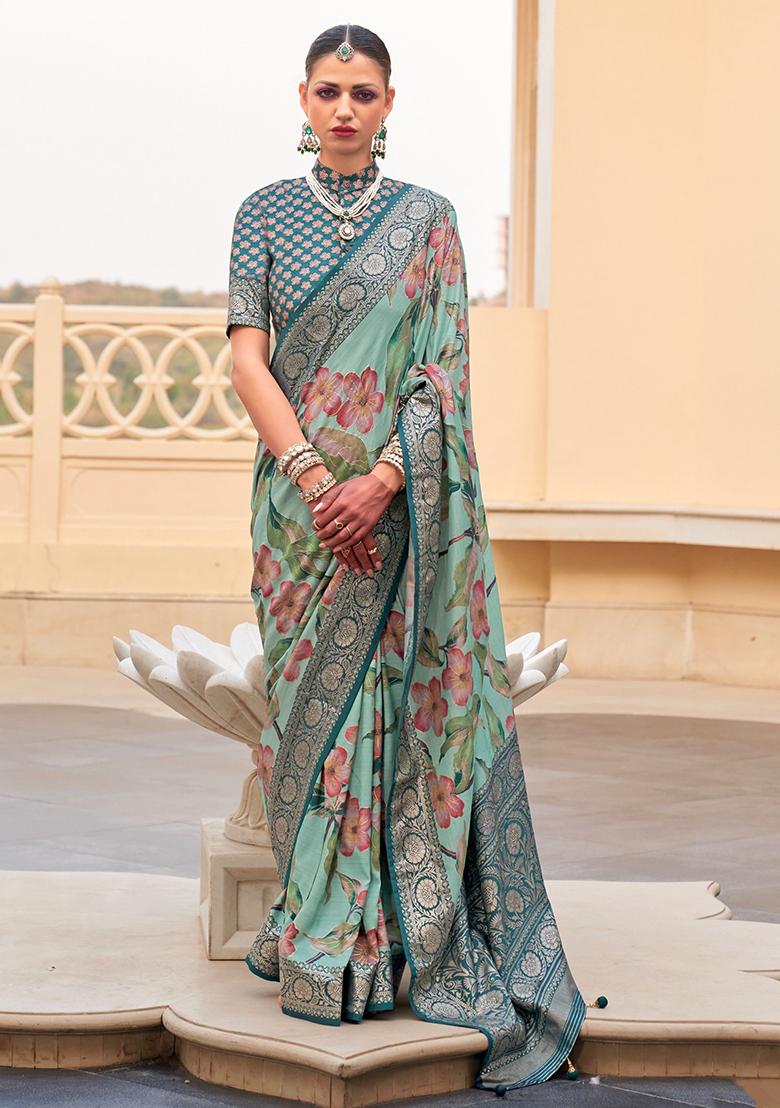 Green Floral Print Silk Sarees