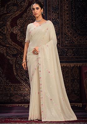Off White Sequin Embroidered Georgette Sarees