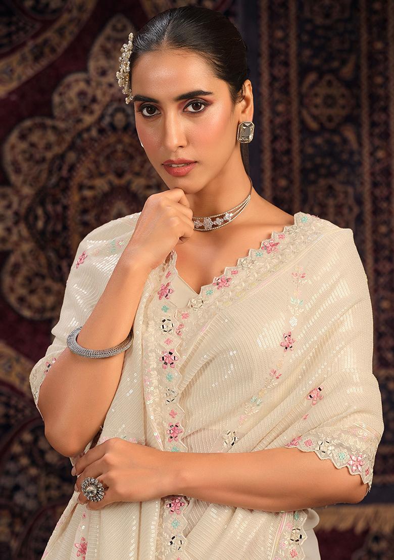 Off White Sequin Embroidered Georgette Sarees
