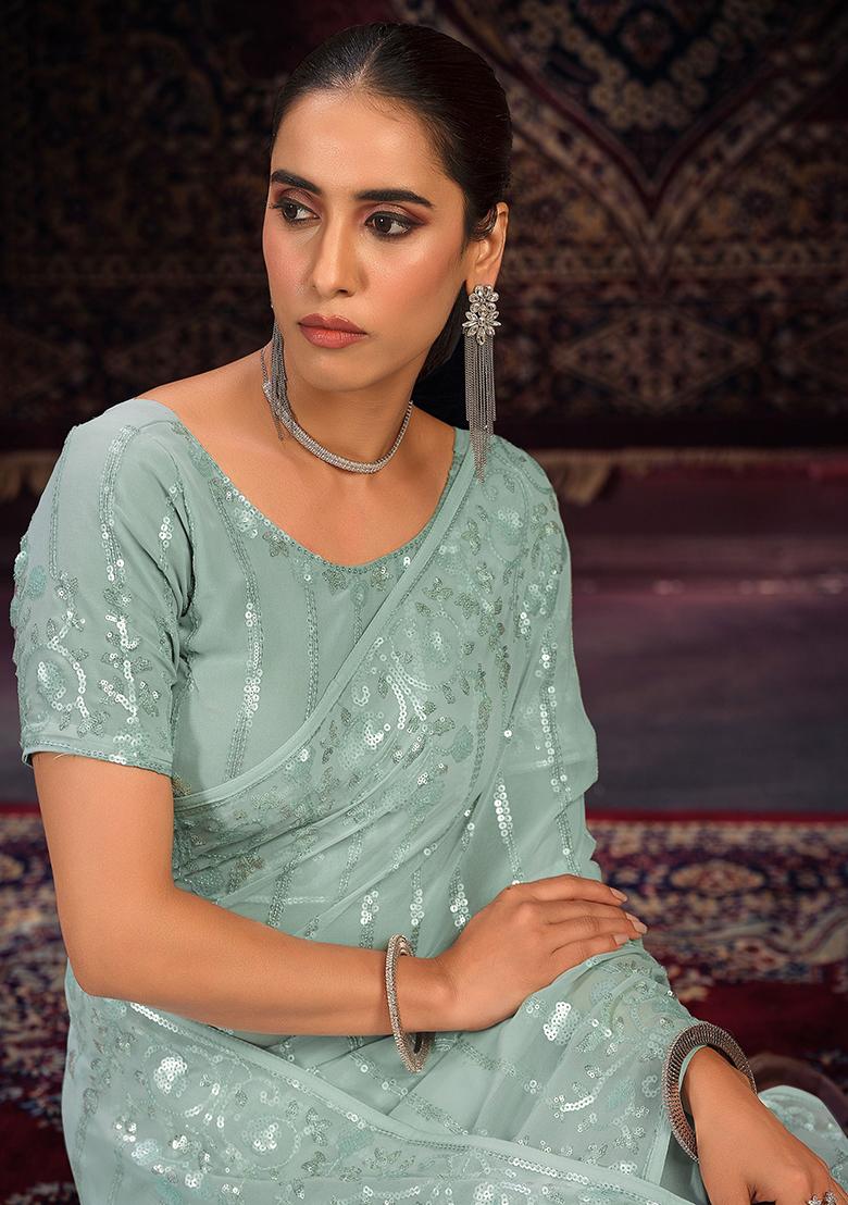 Green Sequin Embroidered Georgette Sarees